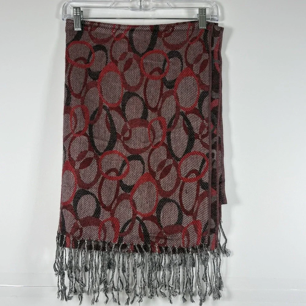 Pashmina Red & Black Geometric Print Silk Pashmina Blend Scarf Fringe Wrap 22x70